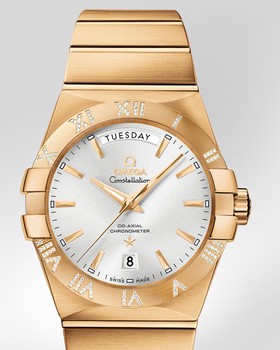 Omega Constellation Day-Date 38mm Co-Axial Brushed Yellow Gold / Diamond (123.55.38.22.02.002)