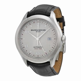 Baume and Mercier Clifton Dual Time Silver Dial Black Alligator Leather Men's Watch 10112