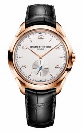 Baume and Mercier Clifton Silver Dial 18kt Rose Gold Black Alligator Leather Men's Watch 10060