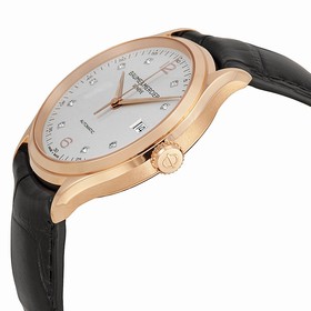 Baume and Mercier Clifton Silver Diamond Dial 18kt Rose Gold Black Alligator Leather Men's Watch 10104