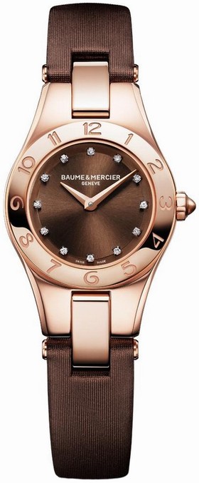 Baume and Mercier Linea Brown Diamond Dial 18kt Rose Gold Brown Satin Ladies Watch 10090