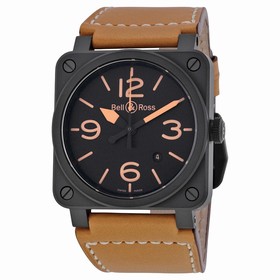 Bell & Ross Heritage Ceramic Black Dial Tan Leather Men's Watch BR0392-CERAM-HER