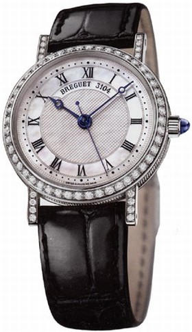 Breguet Classique Mother of Pearl Dial 18kt White Gold Diamond Black Leather Ladies Watch 8068BB52964DD00