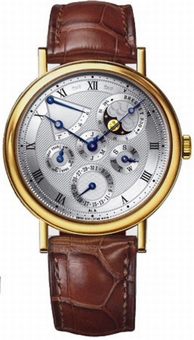 Breguet Classique Perpetual Calendar Silver Dial 18kt Yellow Gold Brown Leather Men's Watch 5327BA1E9V6