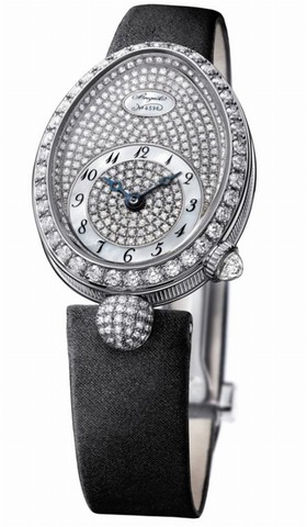 Breguet Reine de Naples Diamond Pave Dial 18kt White Gold Black Satin Ladies Watch 8928BB8D844DD0D
