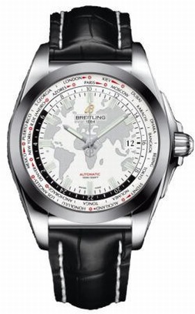 Breitling Galactic Unitime Antarctica White Dial Black Crocodile Leather Men's Watch WB3510U0-A777BKCT