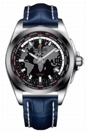 Breitling Galactic Unitime Black Dial Blue Crocodile Leather Men's Watch WB3510U4-BD94BLCD