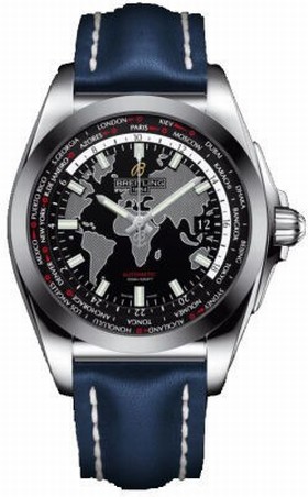 Breitling Galactic Unitime Black Dial Blue Leather Automatic Men's Watch WB3510U4-BD94BLLT