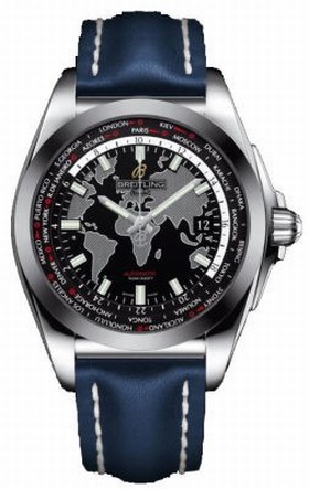Breitling Galactic Unitime Black Dial Blue Leather Men's Watch WB3510U4-BD94BLLD