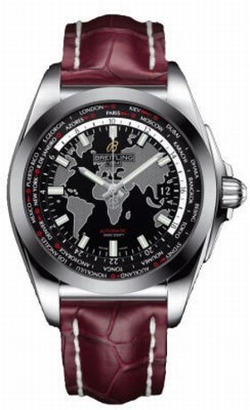 Breitling Galactic Unitime Black Dial Burgundy Crocodile Leather Men's Watch WB3510U4-BD94BGCT