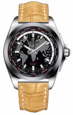 Breitling Galactic Unitime Black Dial Camel Crocodile Leather Men's Watch WB3510U4-BD94CMCD