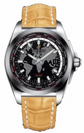 Breitling Galactic Unitime Black Dial Camel Crocodile Leather Men's Watch WB3510U4-BD94CMCT