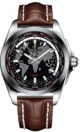 Breitling Galactic Unitime Black Dial Dark Brown Crocodile Leather Men's Watch WB3510U4-BD94DBRCT