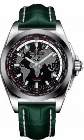 Breitling Galactic Unitime Black Dial Green Crocodile Leather Men's Watch WB3510U4-BD94GRCD