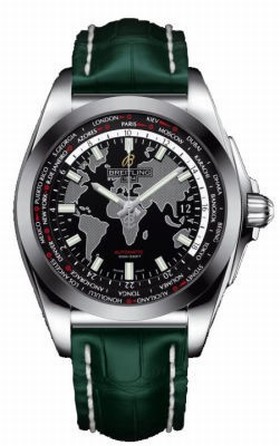 Breitling Galactic Unitime Black Dial Green Crocodile Leather Men's Watch WB3510U4-BD94GRCT