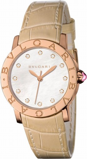 Bvlgari BVLGARI White Mother of Pearl Dial Beige Alligator Leather Strap 33mm Ladies Watch 101890
