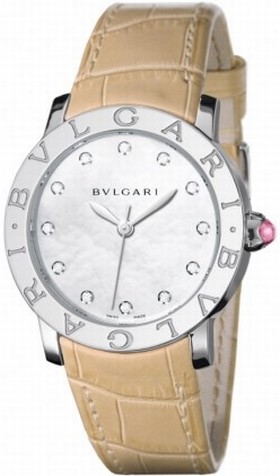 BVLGARI BVLGARI White Mother of Pearl Diamond Dial Beige Alligator Leather Strap Ladies Watch 101894