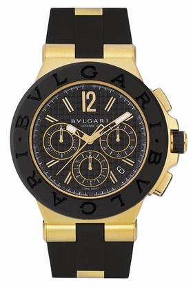 Bvlgari Diagono Black Dial Chronograph 18kt Yellow Gold Rubber Men's Watch DG42BGVDCH