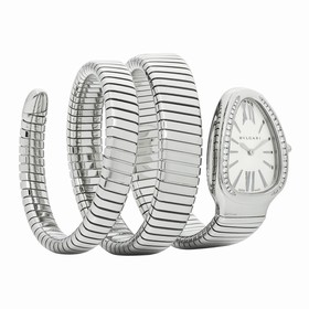 Bvlgari Serpenti Silver Opaline Dial Stainless Steel Diamond Ladies Watch SP35C6SDS-2T