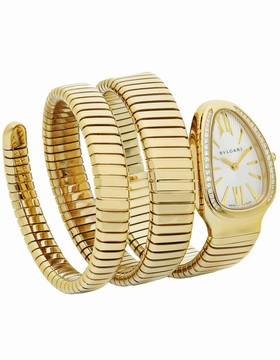 Bvlgari Serpenti Tubogas Silver Opaline Dial 18k Yellow Gold Quartz Ladies Watch 101923