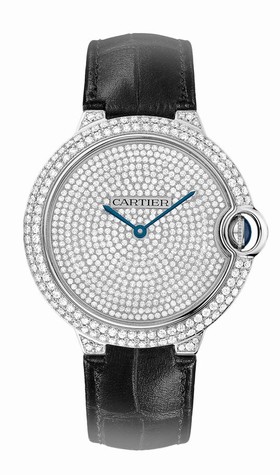Cartier Ballon Bleu Diamond Pave Dial Black Leather Men's Watch WE902049