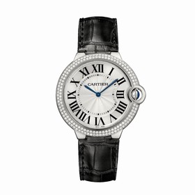 Cartier Ballon Bleu Silver Dial Alligator Leather Diamond Mens Watch WE902056