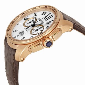 Cartier Calibre de Cartier Silver Dial 18kt Rose Gold Brown Leather Automatic Men's Watch W7100044