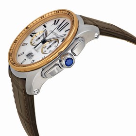Cartier Calibre De Cartier Silver Dial Stainless Steel 18kt Pink Gold Brown Alligator Men's Watch W7100043