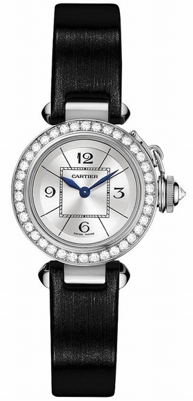 Cartier Miss Pasha Silver Dial White Gold Black Satin Ladies Watch WJ124027