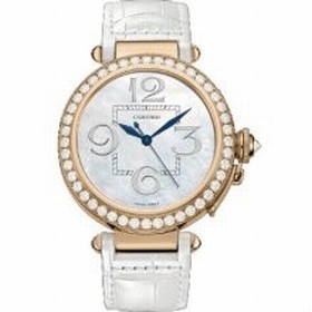Cartier Pasha Mother of Pearl 18kt Rose Gold White Leather Ladies Watch WJ124005