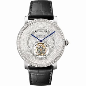 Cartier Rotonde Flying Tourbillion Diamond Pave Dia Black Leather Men's Watch HPI00592