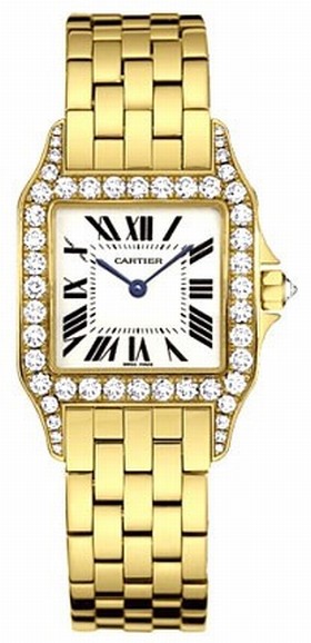 Cartier Santos Demoiselle Silver Dial 18kt Yellow Gold Diamond Watch WF9002Y7