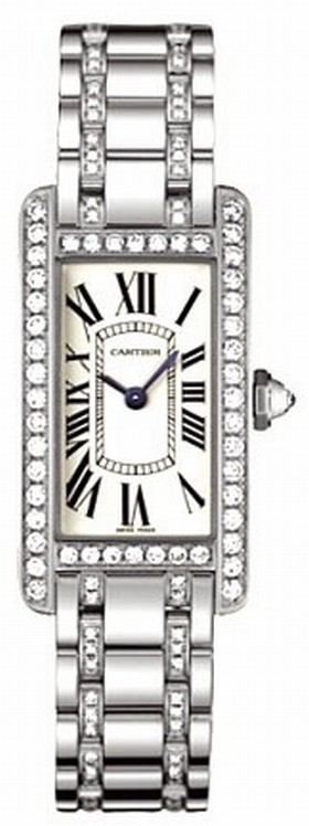 Cartier Tank American 18kt White Gold Diamond Bracelet Ladies Watch WB7073MP