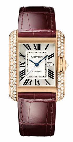 Cartier Tank Anglaise Silver Dial 18kt Rose Gold Diamond Brown Leather Men's Watch WT100016