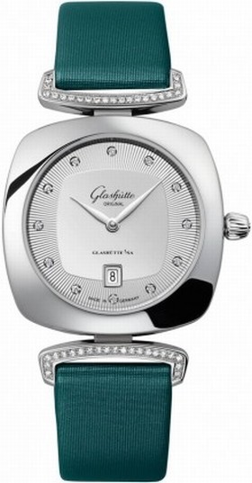 Glashutte Povonina Silver Dial Green Satin Diamond Ladies Watch 1-03-01-10-12-02