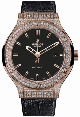 Hublot Classic Fusion Black Dial 18 Carat Rose Gold with Diamonds Case Black Leather Band Automatic Men's Watch 565.OX.1180.LR.1704