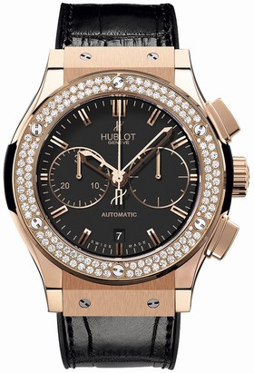 Hublot Classic Fusion Black Dial Black Leather 18 Carat Rose Gold with Diamonds Case Automatic Men's Watch 521.OX.1180.LR.1104