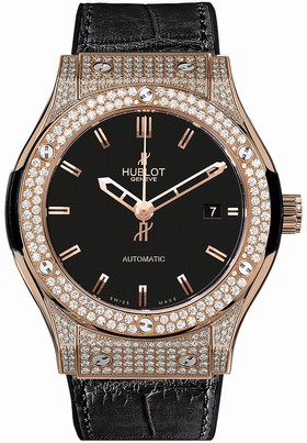 Hublot Classic Fusion Black Dial Black Leather Strap 18 Carat Rose Gold with Diamonds Case Automatic Men's Watch 542.OX.1180.LR.1704