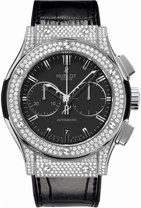 Hublot Classic Fusion Black Dial Titanium with Diamond Pave Case Black Leather Band Autmatic Men's Watch 521.NX.1170.LR.1704