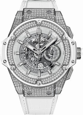 Hublot King Power Unico Skeleton Dial White Leather Band Titanium with Diamonds Case Automatic Men's Watch 701.NE.0127.GR.1704