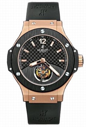 Hublot Tourbillion Solo Bang Black Carbon Fiber Dial 18kt Rose Gold Black Rubber Men's Watch 305.PM.131.RX