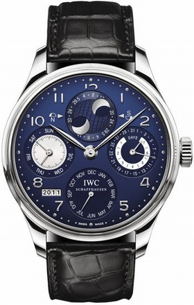 IWC Portuguese Perpetual Calendar Blue Dial 18kt White Gold Black Leather Men's Watch IW503203