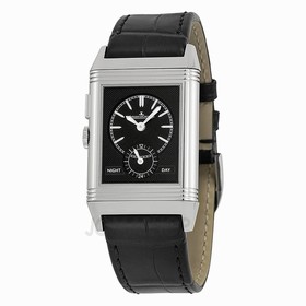 Jaeger LeCoultre Grande Reverso Silver Dial Stainless Steel Black Leather Men's