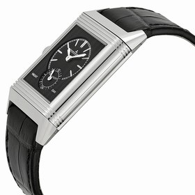 Jaeger LeCoultre Grande Reverso Silver Dial Stainless Steel Black Leather Men's
