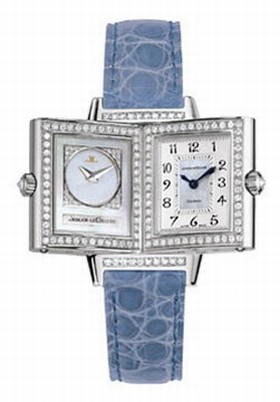 Jaeger LeCoultre Reverso Duetto Silver Dial 18kt White Gold Diamond Blue Crocodile Ladies Watch Q2663401