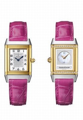 Jaeger LeCoultre Reverso Duetto Silver Dial 18kt Yellow Gold Pink Alligator Men's Watch Q2665410