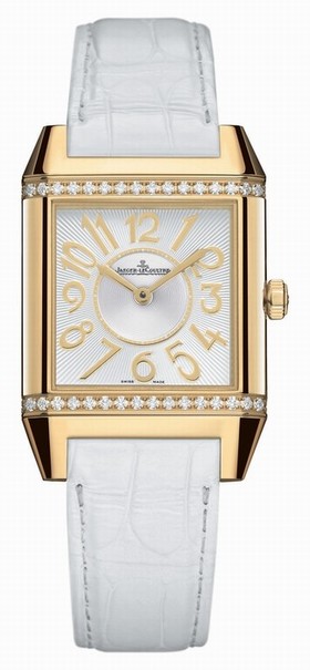 Jaeger LeCoultre Reverso Squadra Silver Dial 18kt Yellow Gold White Leather Ladies Watch Q7031420