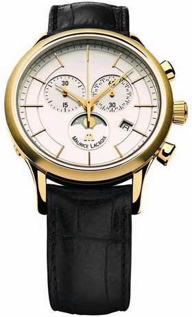 Maurice Lacroix Les Classiques Chronograph Phase de Lune Silver Dial Black Leather Gold Stainless Steel Case Men's Quartz Watch LC1148-PVY01-130