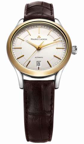 Maurice Lacroix Les Classiques Date Midsize Silver Dial Brown Leather Yellow Gold Stainless Steel Ladies Automatic Watch LC6016-YS101-130