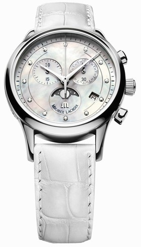 Maurice Lacroix Les Classiques Phase de Lune Chrono Mother Of Pearl Dial White Leather Strap Ladies Quartz Watch LC1087-SS001-160